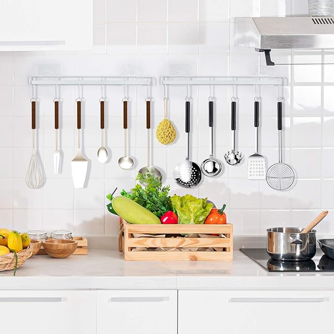 YiZhi Adhesive Wall Hooks Rack Kitchen Rail, Space Saving Utensil Holder No Drilling Wall Mounted Accessory Hanger with 6 Hooks for Kitchen Bathroom Bedroom Pack of 2 (White)