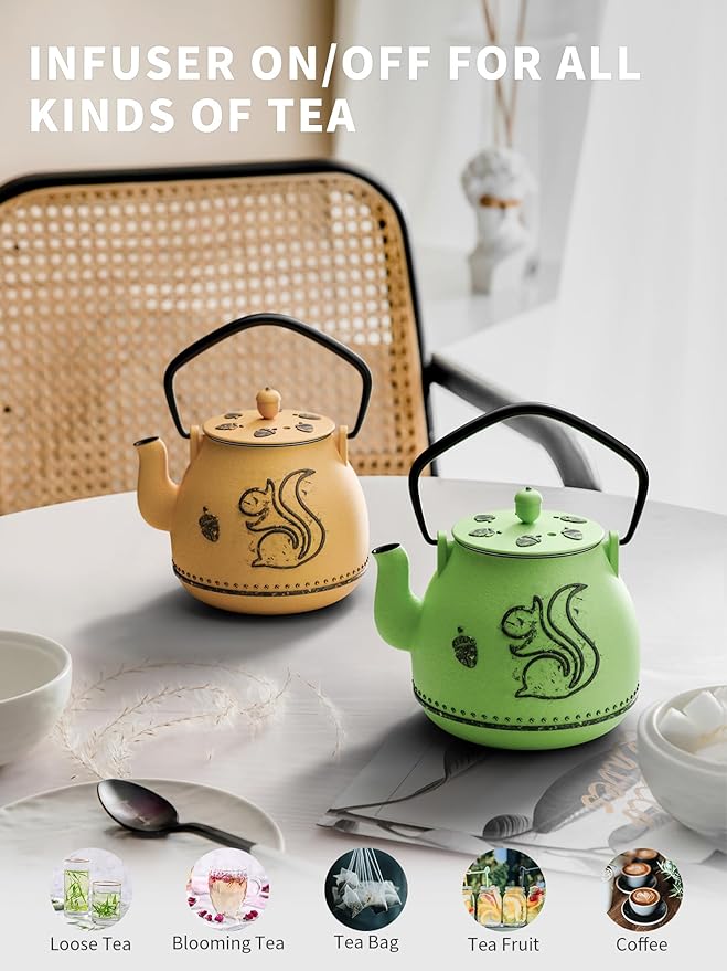 Toptier Teapot with Removable Infuser, Cast Iron Tea Kettle Stovetop Safe, Squirrel Design Tea Pot Coated with Enameled Interior for 32 Ounce (950 ml), Bright Green