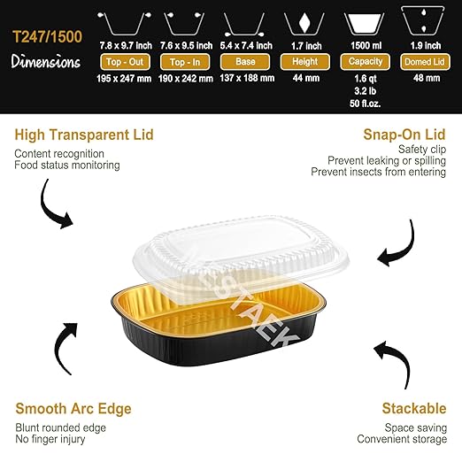 Oval Aluminum Foil Pans with Snap-On Lids (5 Pack) | 2X Thicker Heavy Duty Reusable Container 50oz for Take-Out (Black)