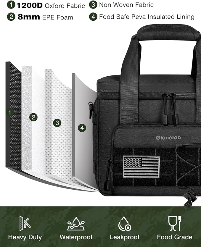 Tactical Lunch Box for Men - 15L Large Heavy Duty Insulated Lunch Bag for Adults Waterproof Construction Cooler Lunchbox for Work with Detachable MOLLE Bags (Black, 15L)