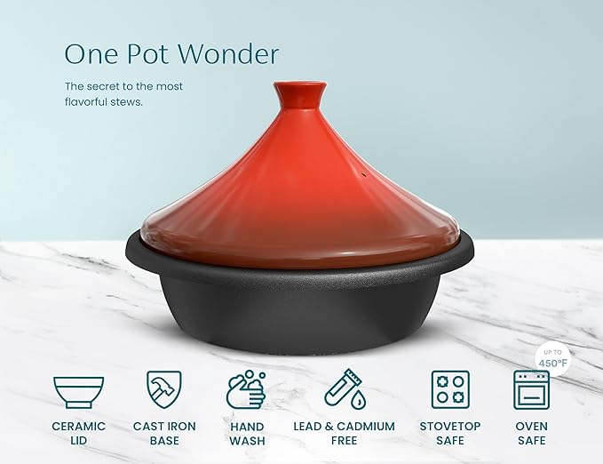 KooK Moroccan Tagine, Enameled Cast Iron Cooking Pot, Tajine with Ceramic Cone-Shaped Closed Lid, 3.3 QT, (Crimson)