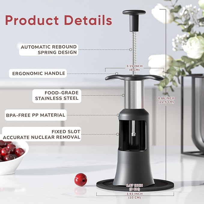 2 in 1 Cherry Pitter Remover Tool, Premium Quick Release Cherry Pitter, Press & Push Type, Large 33mm Cherry Seed Remover, Durable, Food Grade Stainless Steel & PP Plastic