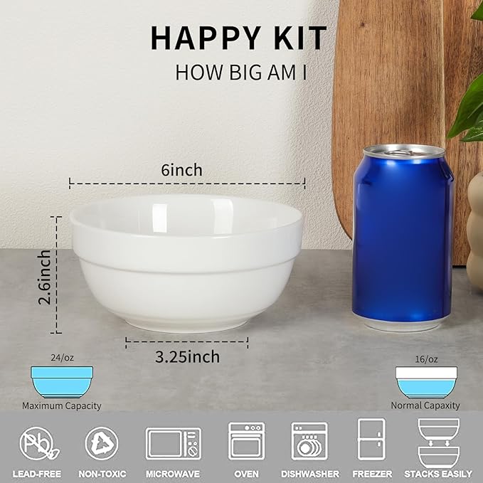 HAPPY KIT 6inch Ceramic Soup Bowls, Cereal Bowl Set of 6, 24OZ for Kitchen, Cereal Soup Rice Pasta Salad Oatmeal, Thick-edge Non-slip Design