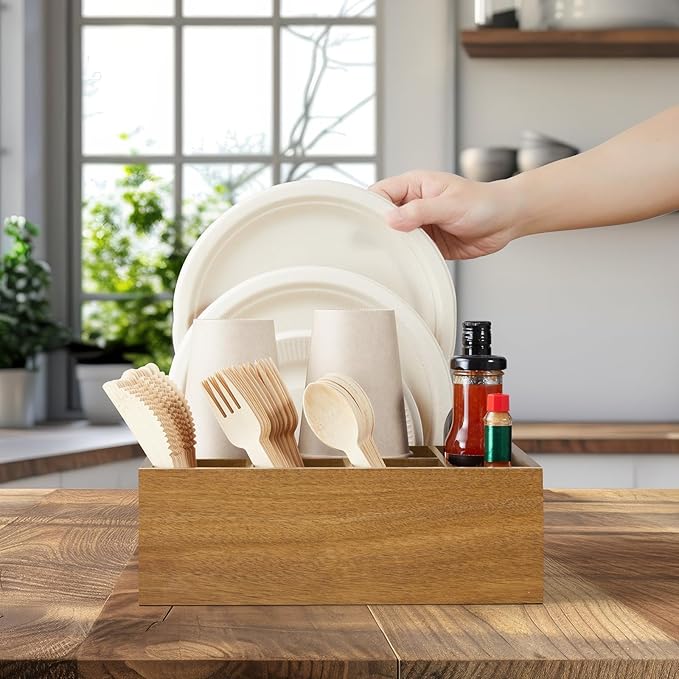Acacia Wood Utensil Holder for Party, 6-Compartment Paper Plate and Silverware Organizer with Handles, Rustic Utensil Caddy for Parties, Outdoor Gatherings, and Kitchen Countertop Organization