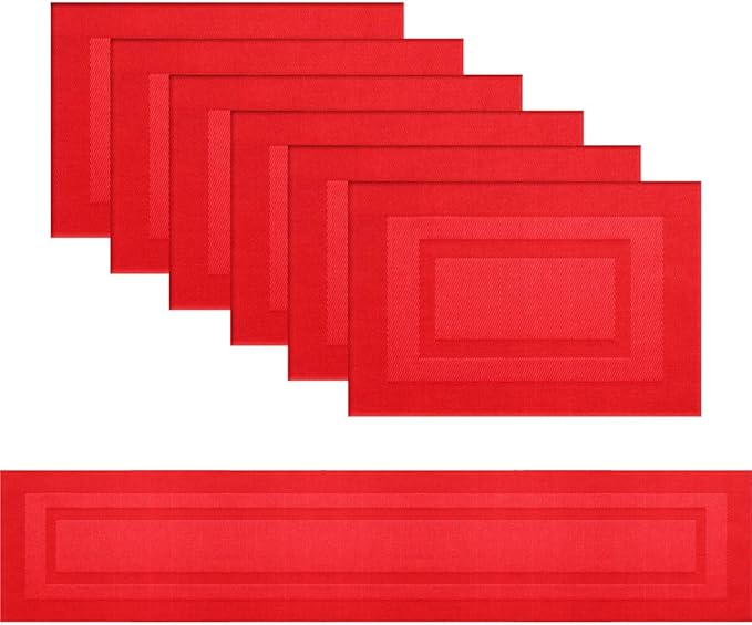 PIGCHCY Placemats with Matching Table Runner,Heat Resistant Vinyl Woven Washable Table mats Sets (6 Placemats+1 Table Runner,Passionate Red)