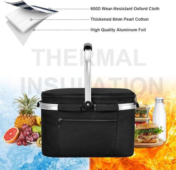 ALLCAMP OUTDOOR GEAR Insulated Cooler Bag Collapsible Portable Picnic Basket Cooler W/ Sewn in Frame (Medium Jet Black)