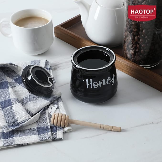 HAOTOP Farmhouse Porcelain Honey Jar with Dipper and Lid Set 12oz,Easy to Clean (Black)