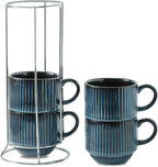 glowworm Coffee Mugs Set of 4, 15 Oz Stackable Coffee Mugs with Rack, Ceramic Cups for Home, Office, Housewarming & Engagement Gifts, Microwave & Dishwasher Safe, Navy Blue