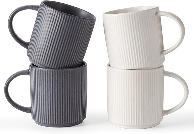 famiware Coffee Mug Set for 4, Star 12 oz Catering Mugs Cup Set with Handle for Coffee, Tea, Cocoa, Milk - Ceramic Stoneware Drinkware Set, Matte White + Matte Black