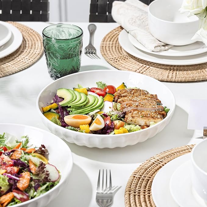DOWAN Pasta Bowls, 10" Large Salad Serving Bowls 51 OZ White Ceramic Soup Bowls Set of 4 Wide and Shallow Plate Bowl Serving Dish for Soup, Pasta, Noodle, Dinner, Microwave & Dishwasher Safe