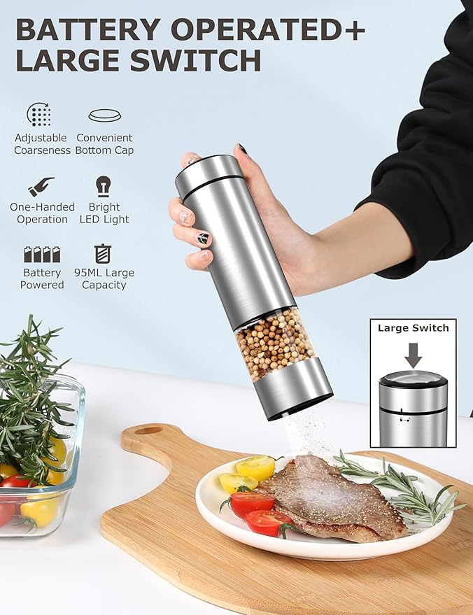 innhom Electric Salt and Pepper Grinder Set Battery Operated Stainless Steel Salt Grinder Pepper Mill Automatic Salt and Pepper Grinder Set with Adjustable Coarseness
