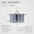 Made In Cookware - 12 Quart Stainless Steel Stock Pot With Lid - 5 Ply Stainless Clad - Professional Cookware - Crafted in Italy - Induction Compatible