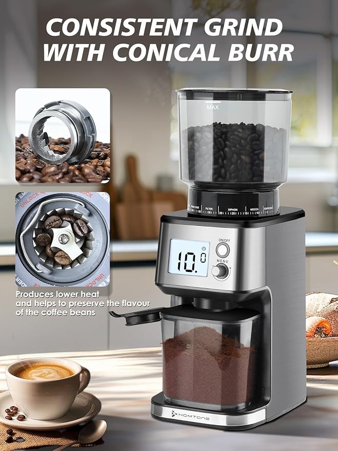 Homtone Conical Burr Coffee Grinder – 51mm Stepless Electric Espresso Grinder with Grind Settings, Automatic Timer, Low Noise, with Portafilter Holders, for Home and Commercial Use, Grade for Baristas