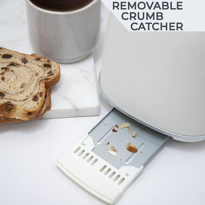 Rae Dunn Retro Rounded Bread Toaster, 2 Slice Stainless Steel Toaster with Removable Crumb Tray, Wide Slot with 6 Browning Levels, Bagel, Defrost and Cancel Options, Cream