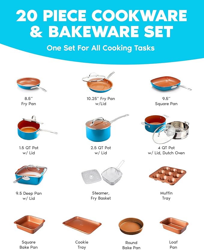 GOTHAM STEEL 20 Piece Copper Pots and Pans Set Nonstick Cookware Set + Complete Ceramic Bakeware Set for Kitchen with Long Lasting Non Stick, Dishwasher/Oven Safe, Non Toxic – Turquoise