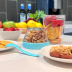 Felli On the Go Yogurt Parfait Snack Cup 12 oz Reusable Leak Proof + Travel Spoon, Topping Holder for Fruit Cereal Milk, To Go Lunch Healthy Portion Control Overnight Oats Container Clear (2, Blue)