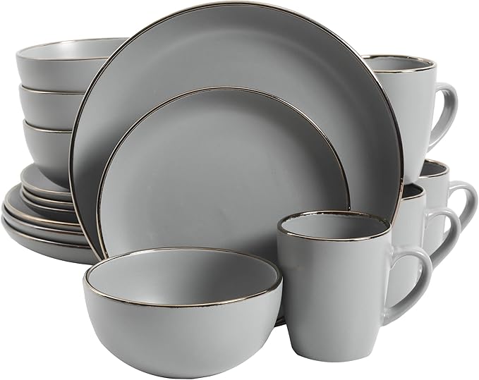Gibson Home Rockaway Round Dinnerware, Service for 4 (16pcs), Grey/Gold Rim