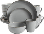 Gibson Home Rockaway Round Dinnerware, Service for 4 (16pcs), Grey/Gold Rim