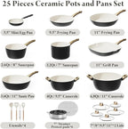 25-PC Pots and Pans Set Non Stick Ceramic Cookware Set, Healthy Non Toxic Kitchen Cookware Sets with Large Capacity, Induction Compatible, PFAS/PTFE/PFOA/PFOS Free, Black/White