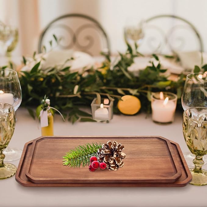 Large Acacia Wood Serving Platters - Wooden Charcuterie Boards, Decorative Platter for Fruit, Food, Cheese - Rectangle Plate Kitchen Counter Tray