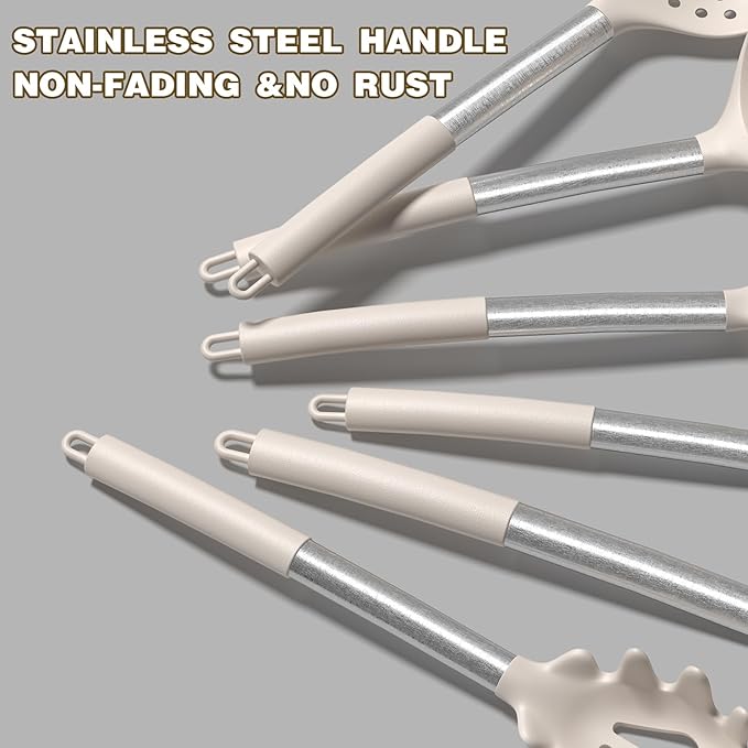 Umite Chef Silicone Kitchen Cooking Utensil Set, 43 pcs Spatula Set with Stainless Steel Handle, Non-stick Heat Resistant - Best Cookware Set-(Khaki)