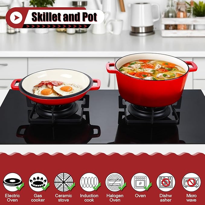 P&P CHEF 5Qt Dutch Oven Pot for Bread Baking (Red), 2 In 1 Round Cast Iron Dutch Oven with Lid Set, Skillet & Pot for Roasting Braising Stewing Frying Simmering, Multi Stoves & Oven Safe