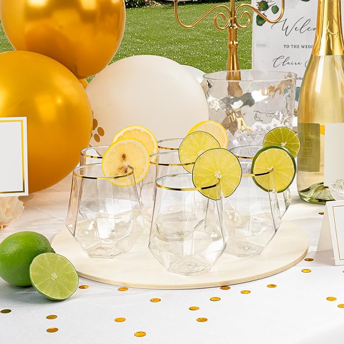 Goodluck 40 PCS Diamond Stemless Plastic Wine Whiskey Glasses, 12 Oz Disposable Cocktail Glasses, Suitable for Weddings, Birthday Parties, Family Gatherings, Bars, etc （Gold rimmed cups）