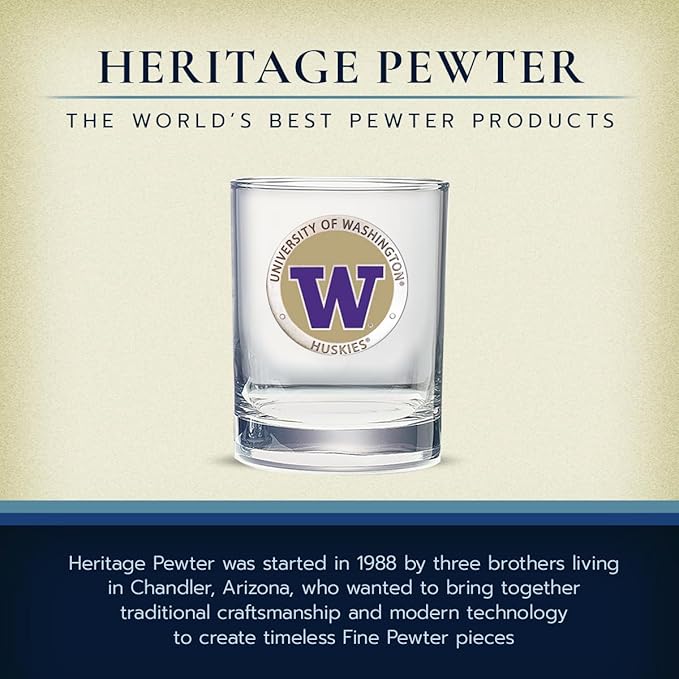 Heritage Pewter Washington Huskies Double Old Fashion | Double Rocks Glass 14 OZ for Liquor | Expertly Crafted Pewter Glass