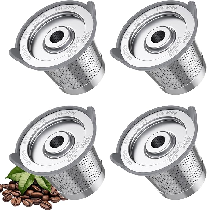 ComfortGrip™ Reusable K Cups – 4-Pack Stainless Steel Coffee Pods with Anti-Scald Silicone Lid, BPA-Free, Easy-Clean Filter – Compatible with Keurig 1.0 Only (Not for 2.0)