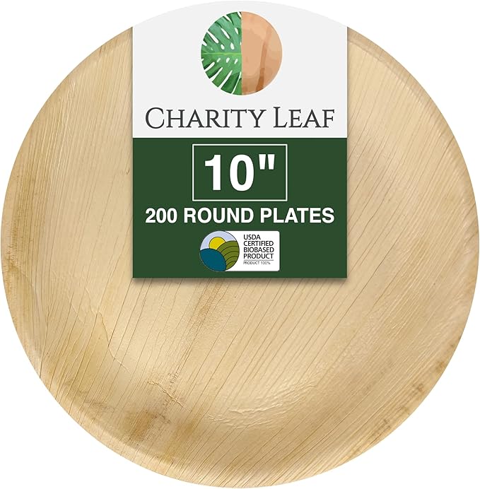 Disposable Palm Leaf 10" Round Plates (200 pieces) Bamboo Like Serving Platters, Disposable Boards, Eco-Friendly Dinnerware For Weddings, Catering, Events