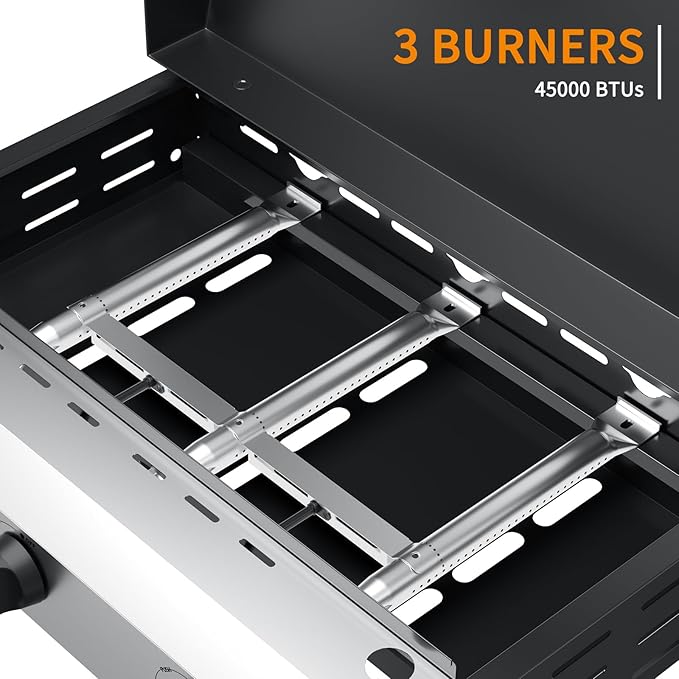 3 Burner BBQ Gas Griddle with Hood, 25.6 Inch Stainless Steel Portable Detachable Propane Griddle, 45,000 BTU Flat Top Grill with Lid for Camping, Silver