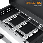 3 Burner BBQ Gas Griddle with Hood, 25.6 Inch Stainless Steel Portable Detachable Propane Griddle, 45,000 BTU Flat Top Grill with Lid for Camping, Silver