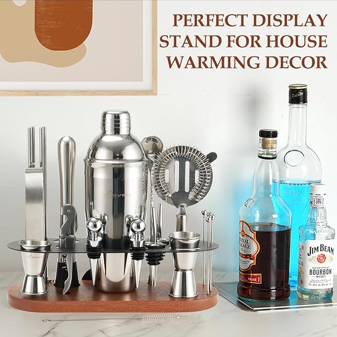 Cocktail Shaker Set Bartender Kit with Stand | 23-Piece Bar Set Drink Mixer Set with All Essential Bar Tools: Martini Shaker, Jigger, Strainer, Spoon, Muddler, Pourers, for Home, Bar, Party
