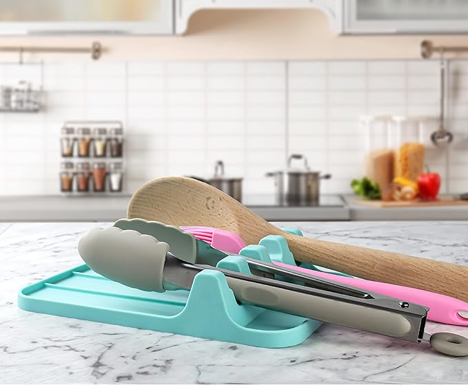 Silicone Spoon Rest for Multiple Utensils, Heat Resistant Utensil Rest for Stovetop, BPA-free Kitchen Utensil Holder with Drip Pad (Red)