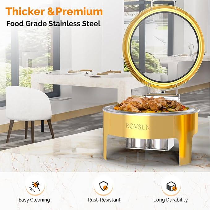 ROVSUN 6QT Gold Chafing Dishes for Buffet 2 Pack, Roll Top Chafing Dish Buffet Set, Round Chafers and Buffet Warmers Sets with Glass Lid & Serving Tong for Parties Weddings Catering Events Dinners