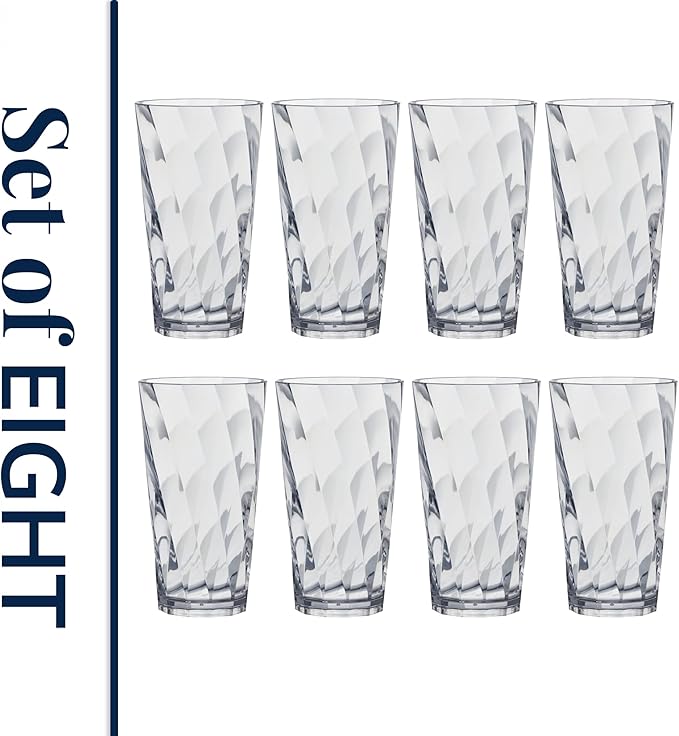 US Acrylic Optix Plastic Reusable Drinking Glasses (Set of 8) 20oz Water Cups in Clear | BPA-Free Tumblers, Made in USA | Top-Rack Dishwasher Safe