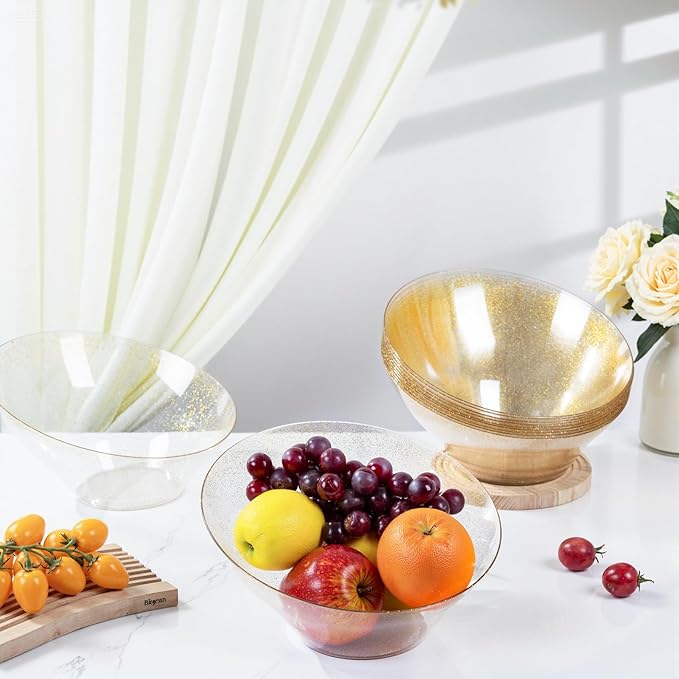 bUCLA 12 Pack Gold Glitter Plastic Serving Bowls - 54 OZ Angled Serving Bowls Disposable for Chip,Candy, Snack,Salad & Fruit - Ideal for Party & Wedding