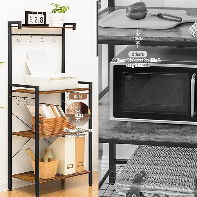 Baker's Rack with Power Outlet, 4-Tier Standing Kitchen Rack Microwave Stand Storage Shelves, Coffee Bar Station Cabinet Table, Heavy Duty Kitchen Organizer for Coffee Bar, Bread