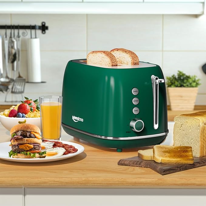 Toaster 2 Slice Stainless Steel with 6 Bread Shade Settings, Bagel, Cancel, Defrost Function, Retro 2 Slice Toaster with Extra Wide Slot, Removable Crumb Tray, dark green
