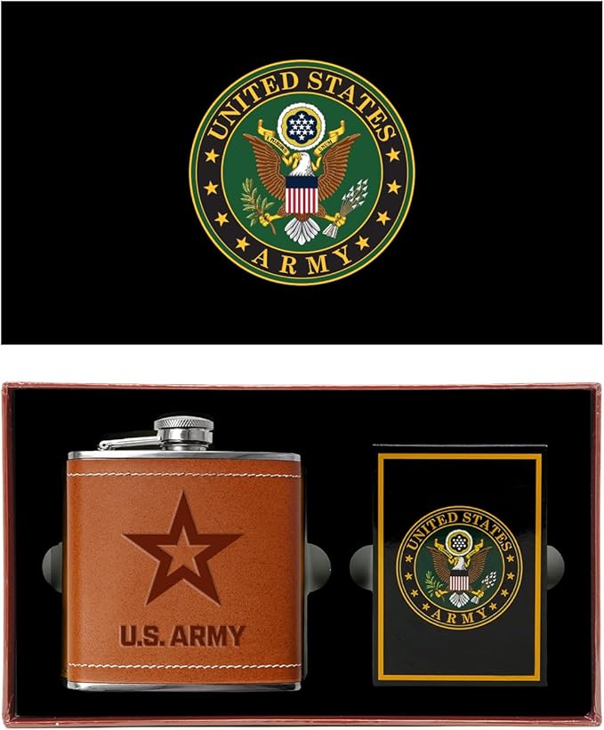 US Army Flask & Card Set | Leather-Wrapped Flask with Rank Playing Cards | Army Card & Flask Set