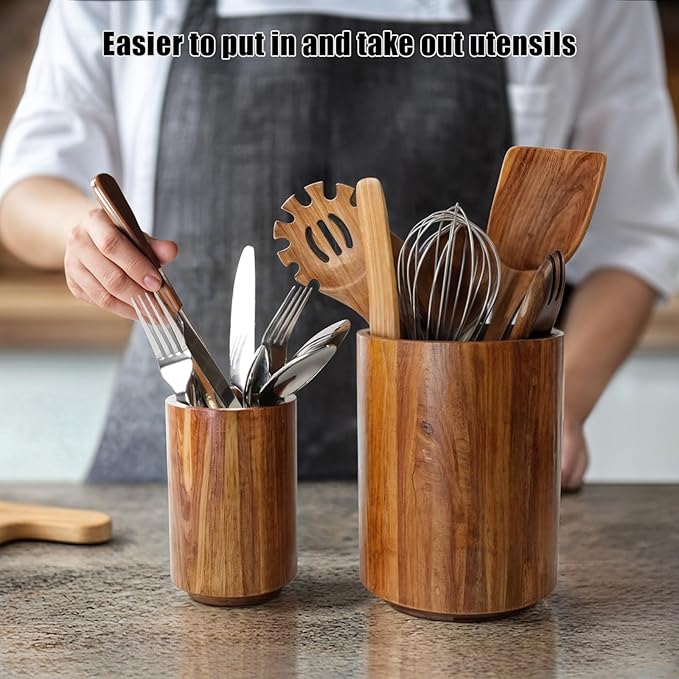 Large Acacia Wood Utensil Holder for Kitchen Counter, 360° Rotating Kitchen Utensil Holder, Set of 2 (7.9" & 5.9"), Rustic Farmhouse Decor Accessories