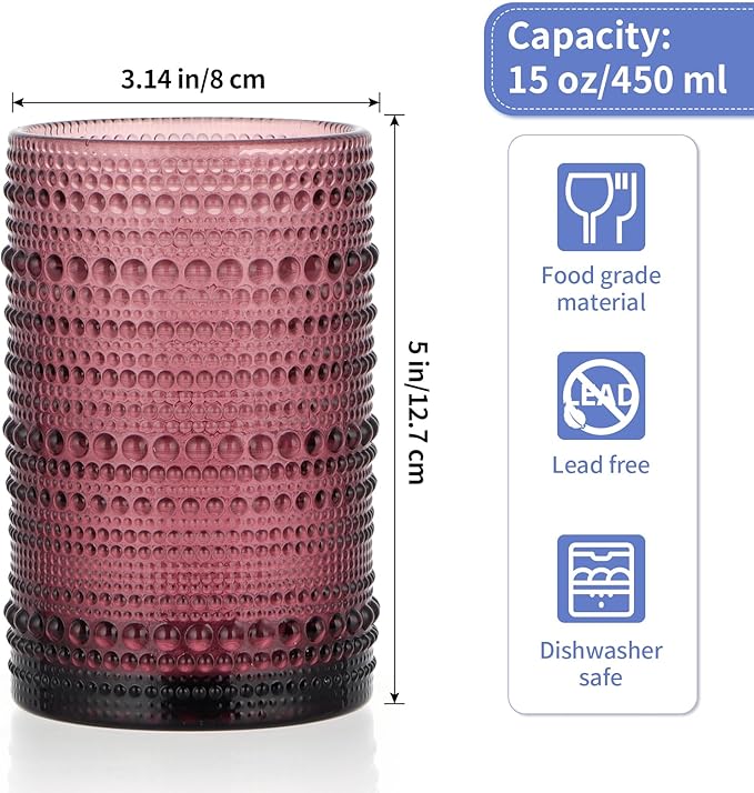 MOLIGOU 6 Pcs Embossed Drinking Glasses, 15oz Vintage Highball Glasses, Beaded Glass Drinking Cups (Purple)