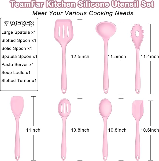 TeamFar Silicone Cooking Utensil Set of 7, Kitchen Nonstick Tools Turner Spoon Spatula Ladle Pasta Server for Nonstick Cookware, Healthy & One-Piece, Anti-Heat & Dishwasher Safe - Pink