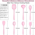 TeamFar Silicone Cooking Utensil Set of 7, Kitchen Nonstick Tools Turner Spoon Spatula Ladle Pasta Server for Nonstick Cookware, Healthy & One-Piece, Anti-Heat & Dishwasher Safe - Pink
