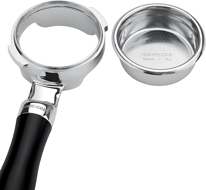 Normcore 58mm Silm Bottomless Portafilter with 18g Basket, Naked Portafilter with Black Anodized Aluminum Fit Gaggia Classic Machines, 18 g Precision Double shot Basket Included