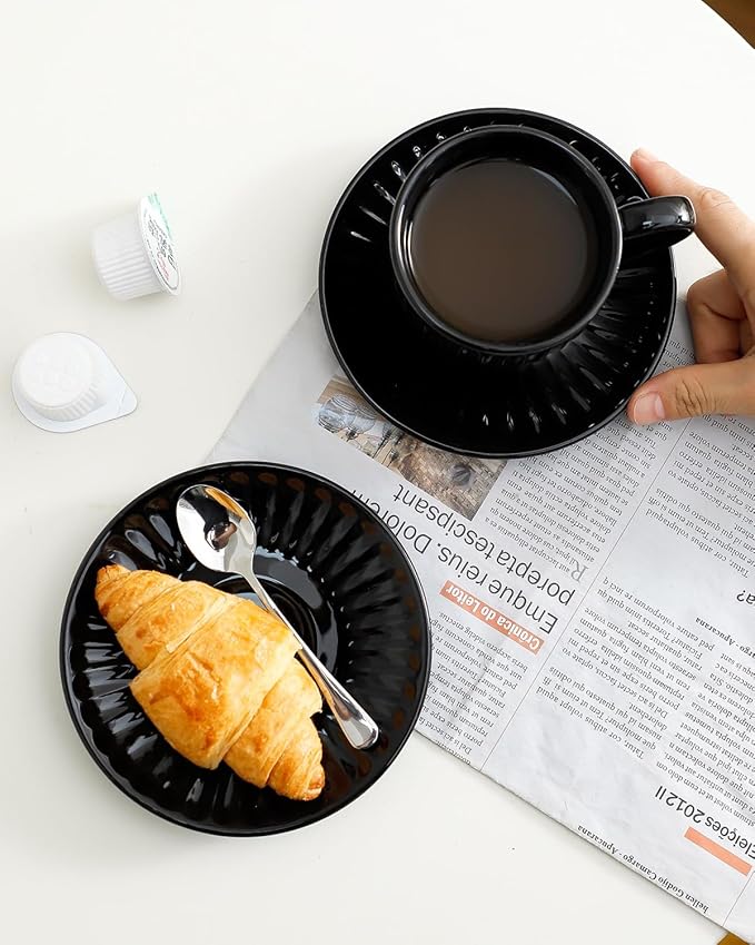 Hasense 6 Oz Cappuccino Cups with Saucers Ceramic, Ribbed Espresso Cups Set of 4 for Coffee,Tea,Latte and Macchiato, Aesthetic Gift for Anniversary or Holiday, Black