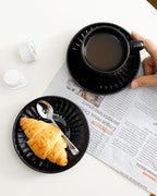 Hasense 6 Oz Cappuccino Cups with Saucers Ceramic, Ribbed Espresso Cups Set of 4 for Coffee,Tea,Latte and Macchiato, Aesthetic Gift for Anniversary or Holiday, Black