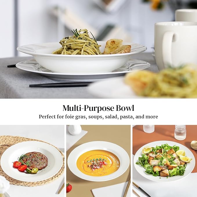 DOWAN Soup and Pasta Bowls Set of 4, White Porcelain Wide Rim Salad Plates, 20 Ounces, Microwave & Dishwasher Safe