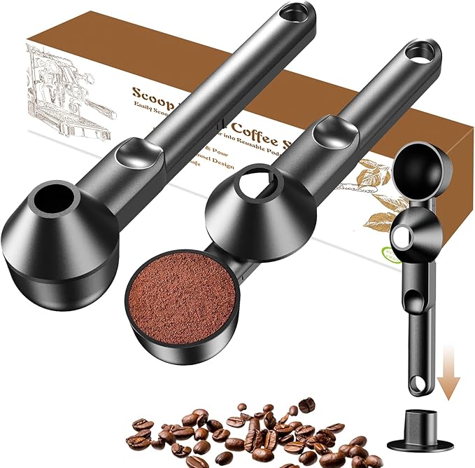 Coffee Scoop with Funnel for Ground Coffee, Protein Powder & Tea, for Reusable K-Cup Refiller, 2TBSP Mess-Free, Funnel Design Prevents Spills (Black, 2-Pack)