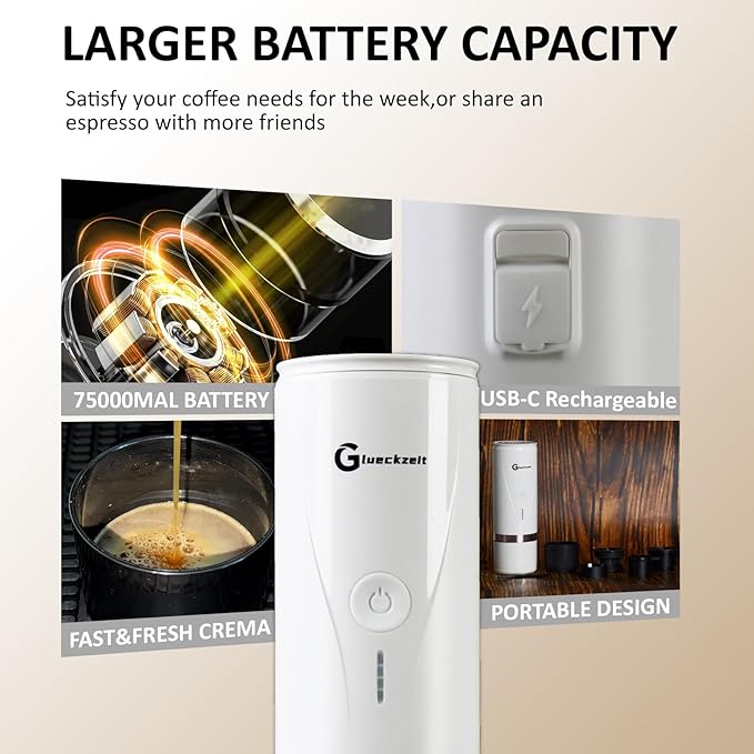 Portable Electric Espresso Machine, Car Travel Self-Heating Electric Coffee Maker for Camping with Type-C, Suitable for ground coffee and Ns capsules for RV, Hiking, Office Spring Travel White Heating